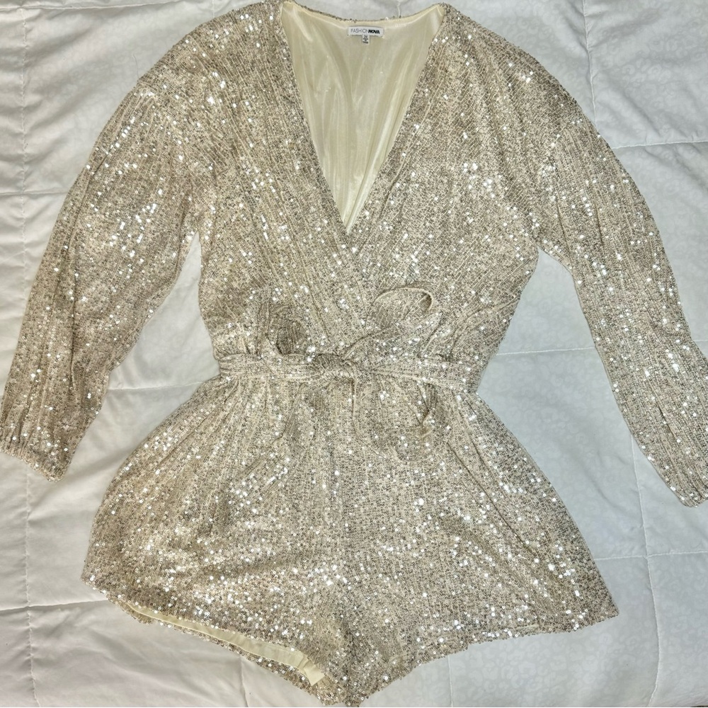 Fashion Nova Long Sleeve Sequin Romper - Silver